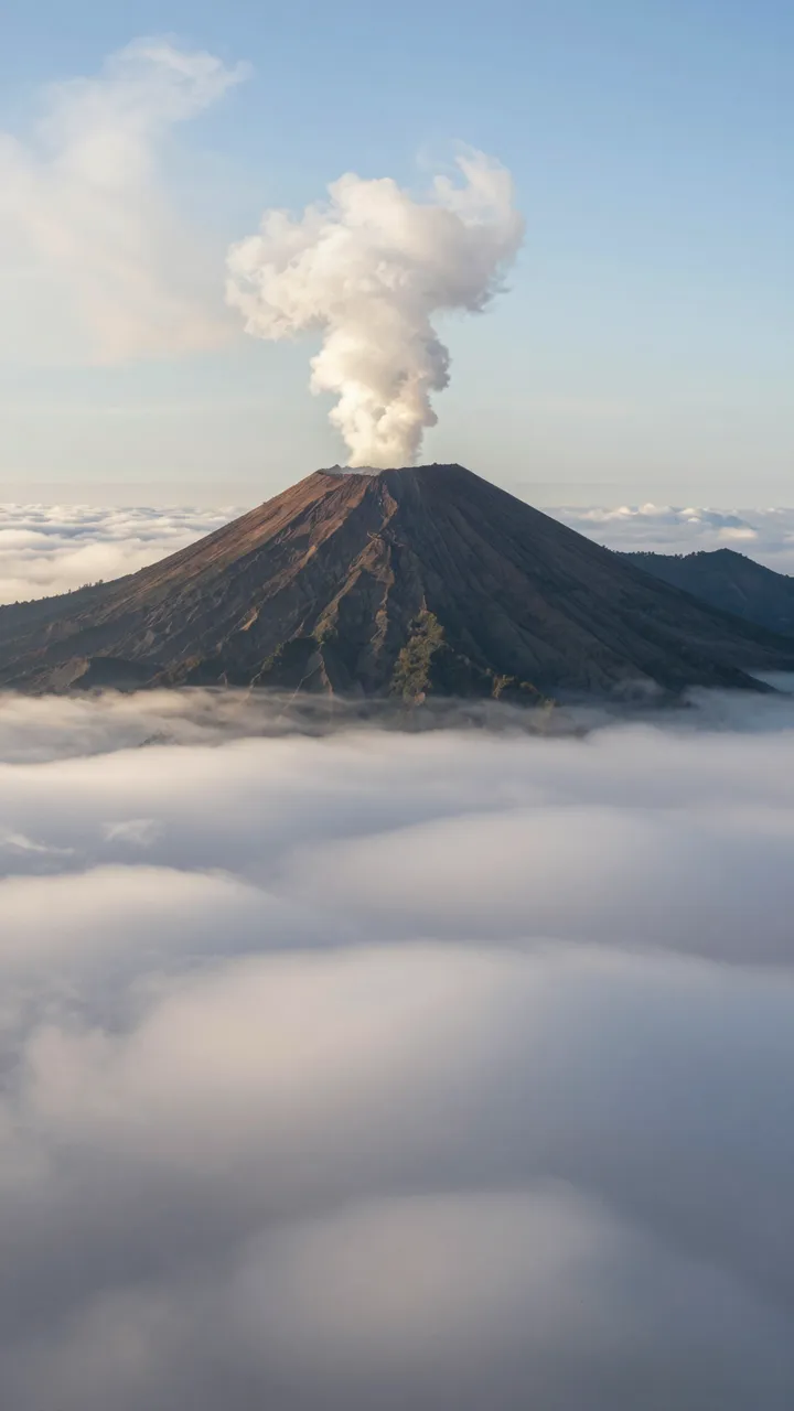 A conical volcano emits a plume of smoke while rising above a thick sea of clouds at soft sunrise.