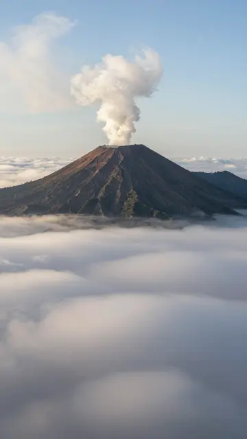 A conical volcano emits a plume of smoke while rising above a thick sea of clouds at soft sunrise.