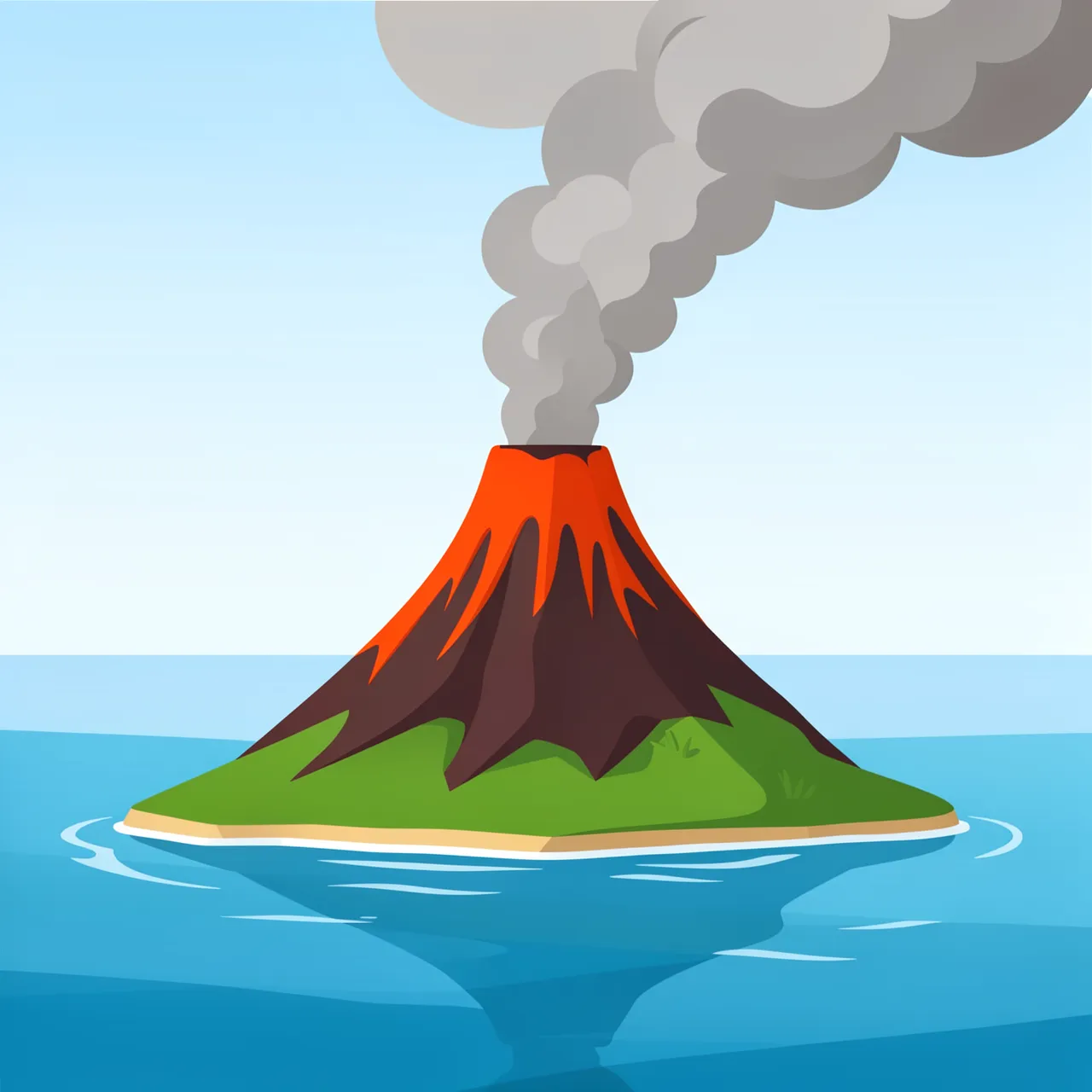 A flat vector illustration of an active smoking volcano rising from a small green island in calm blue sea.