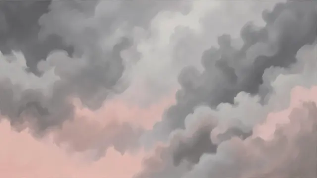 Soft-edged abstract artwork blending swirling smoky gray and warm blush pink atmospheric shapes