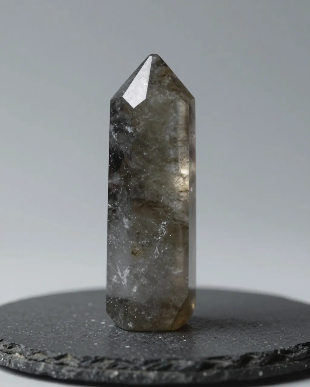A polished smoky quartz crystal point stands upright on a dark slate stone under soft studio lighting.