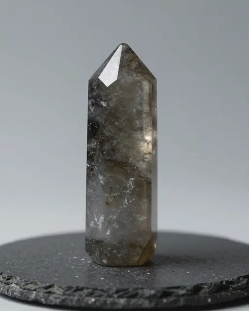 A polished smoky quartz crystal point stands upright on a dark slate stone under soft studio lighting.