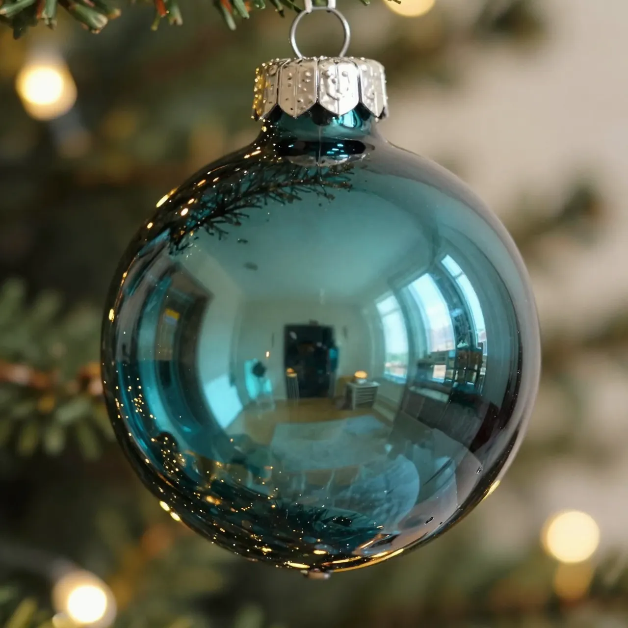 A close-up of a reflective smoky teal glass Christmas bauble hanging on a lit Christmas tree