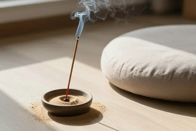 A smoldering incense stick in a sand-filled bowl sits next to a round fabric meditation cushion in sunlit room light