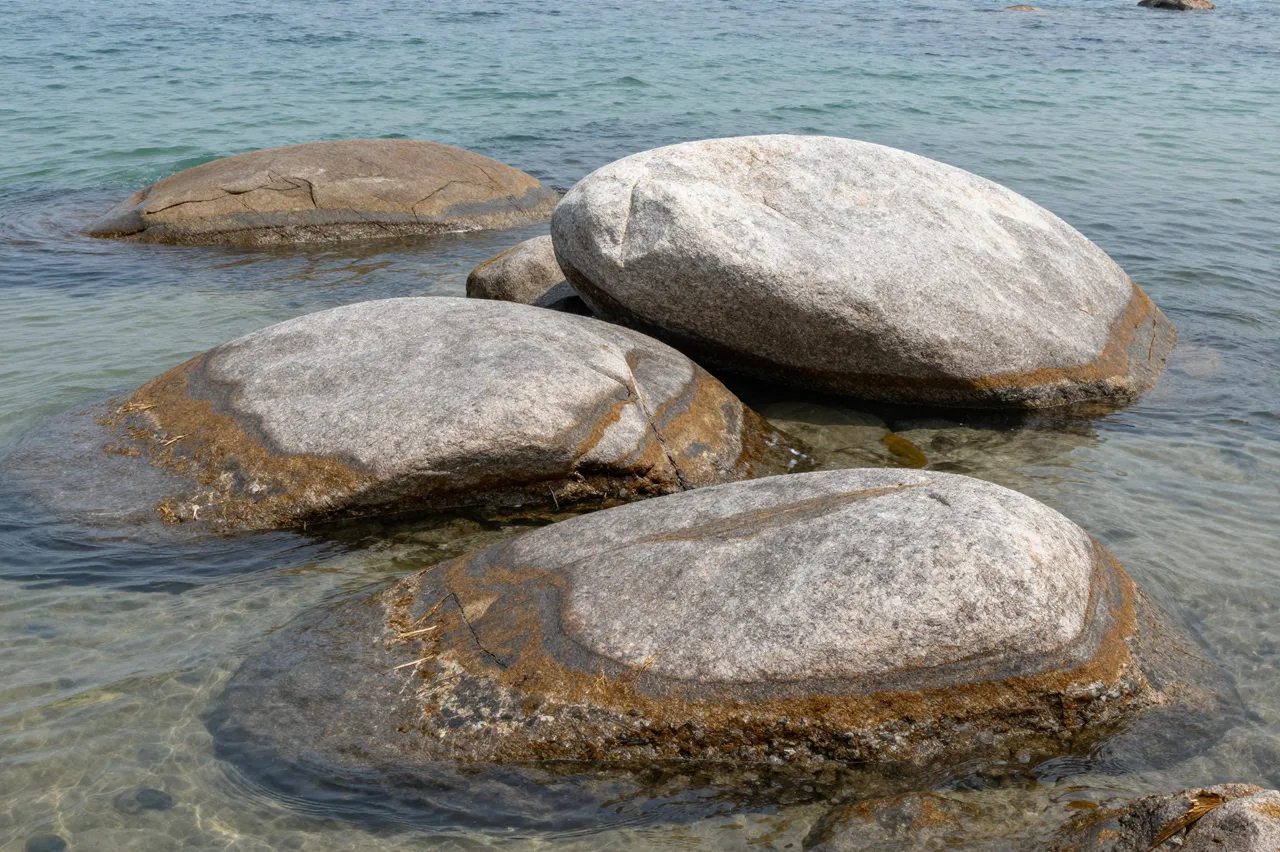Large rounded granite boulders sit partially submerged in clear calm shallow coastal water