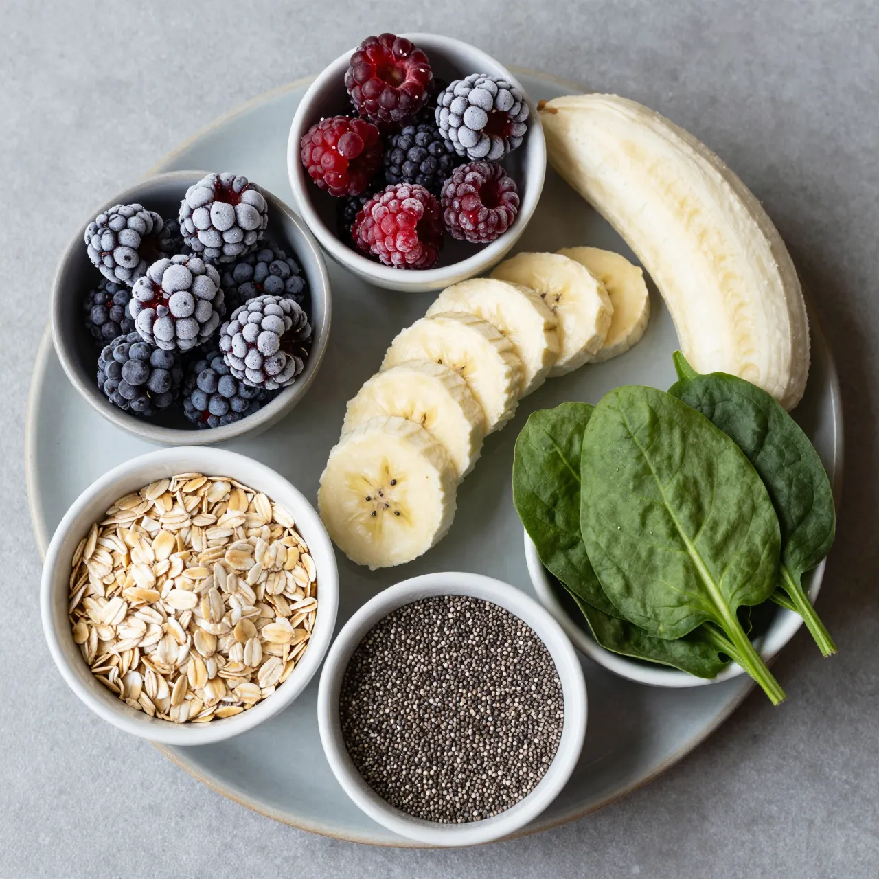 Top down view of arranged smoothie ingredients in small bowls on a gray plate over a stone countertop