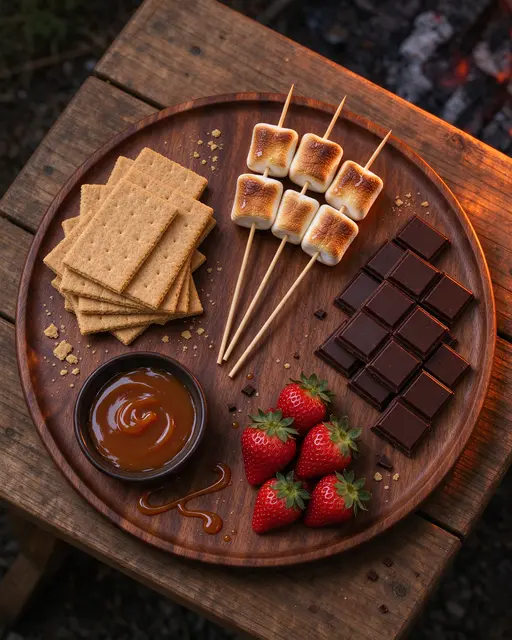 Overhead view of a wooden s'mores platter with graham crackers, toasted marshmallows, chocolate, strawberries and caramel