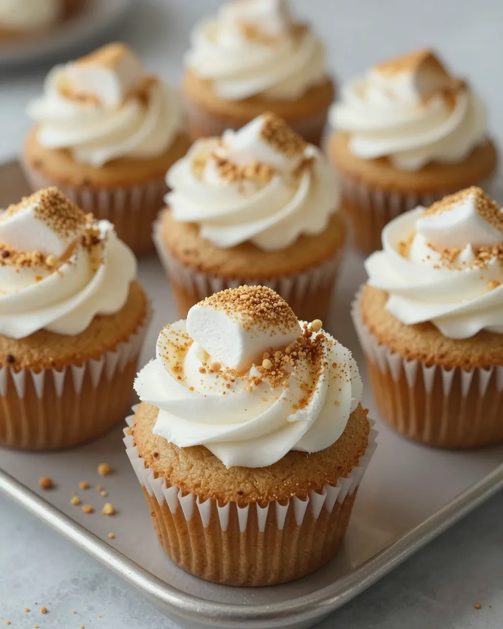 S'mores cupcakes with marshmallow frosting, graham crumbs and marshmallow toppings rest on a metal tray.