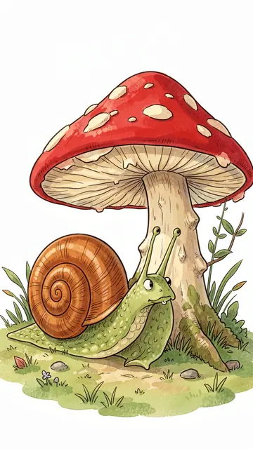 A whimsical cartoon snail sits next to a large red spotted fly agaric mushroom on grassy ground.