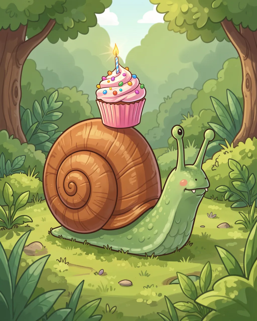 Cute cartoon snail holds a lit birthday cupcake on its shell while walking through a mossy green garden.