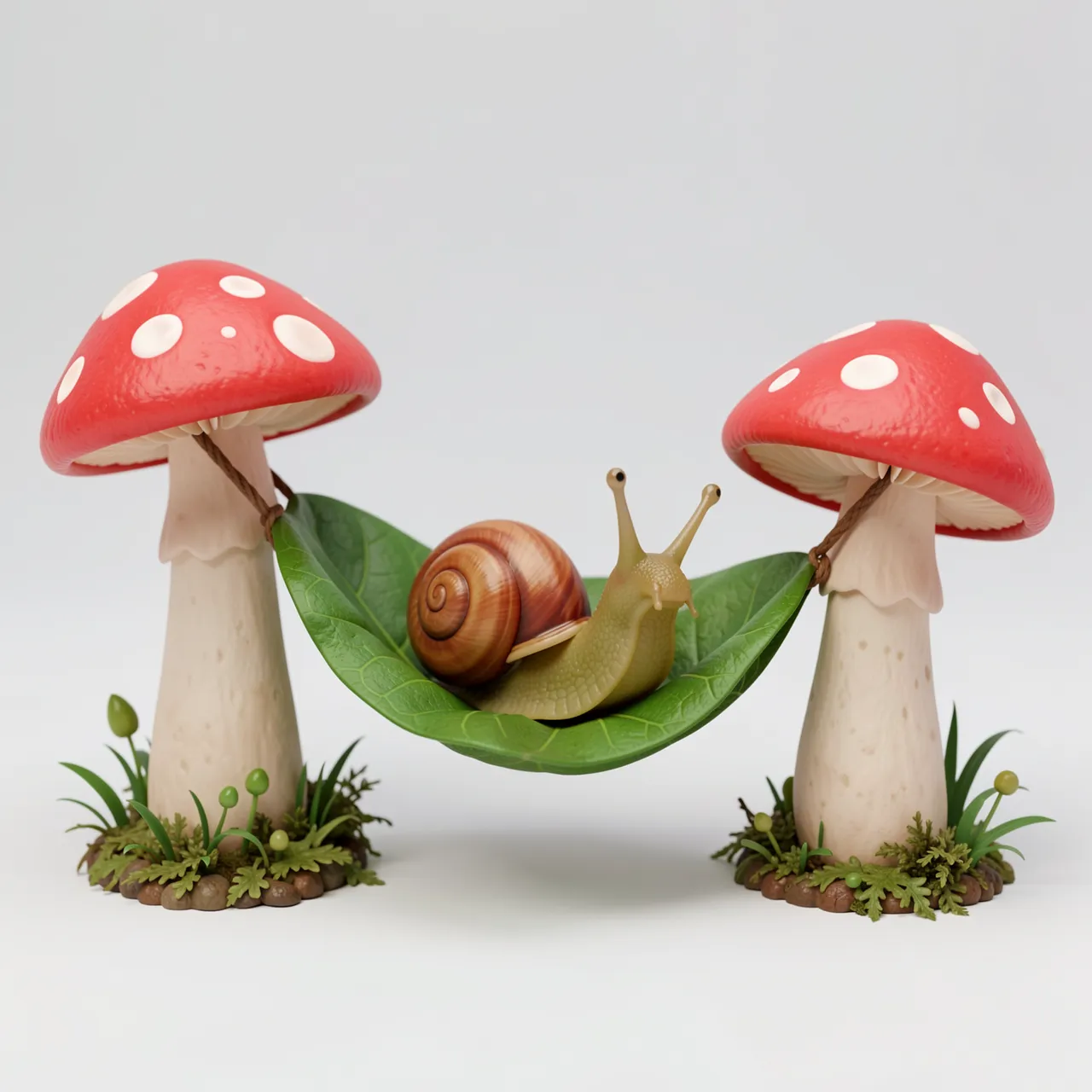 A cute 3D render of a snail relaxing in a green leaf hammock strung between two spotted red fly agaric mushrooms