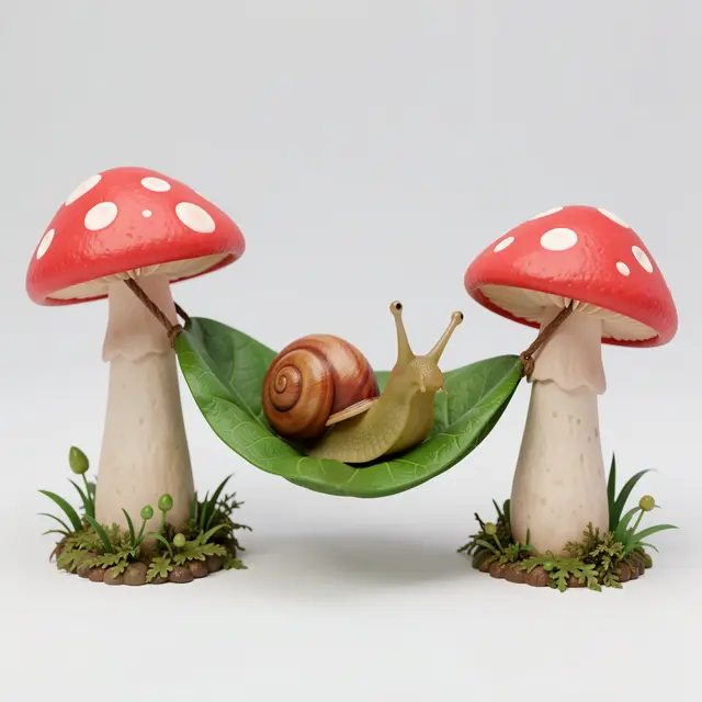 A cute 3D render of a snail relaxing in a green leaf hammock strung between two spotted red fly agaric mushrooms