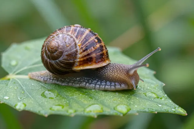 A striped land snail rests on a wet green leaf dotted with clear raindrops