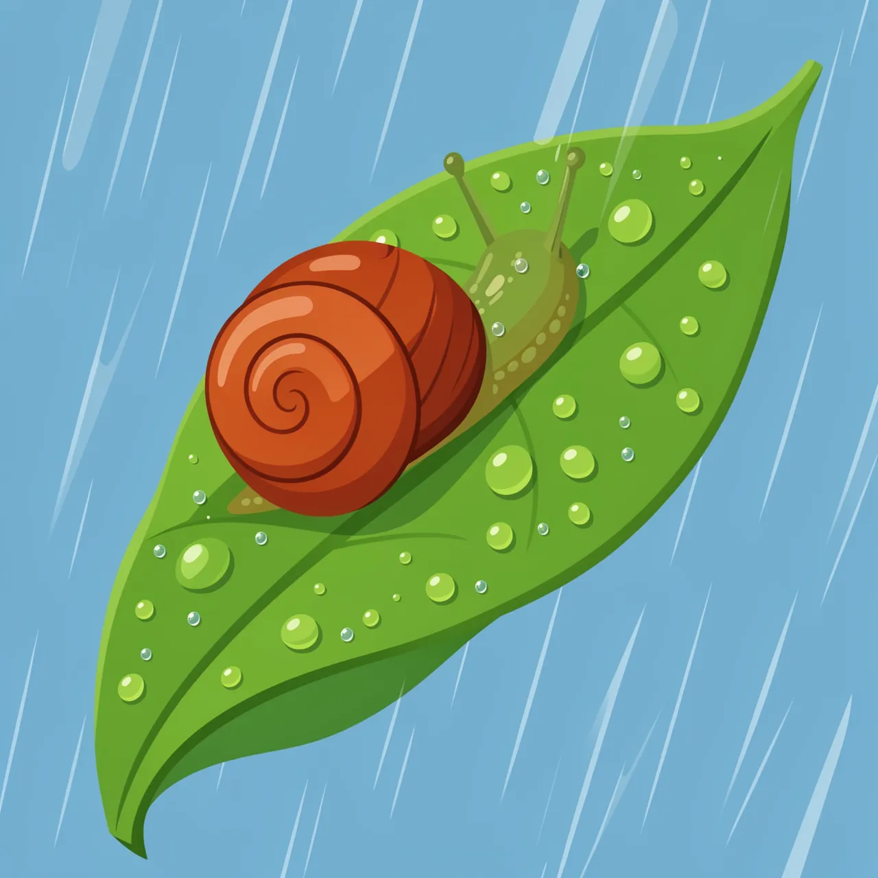 A snail with a brown spiral shell rests on a dewy green leaf during light rain against a blue sky