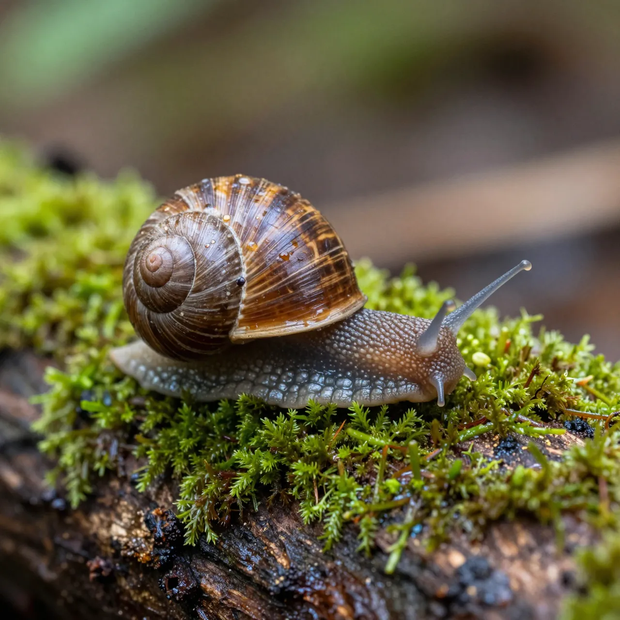 Close-up macro view of a wet garden snail resting on damp moss growing on a weathered forest log after rain