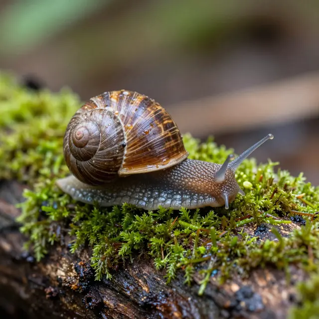 Close-up macro view of a wet garden snail resting on damp moss growing on a weathered forest log after rain