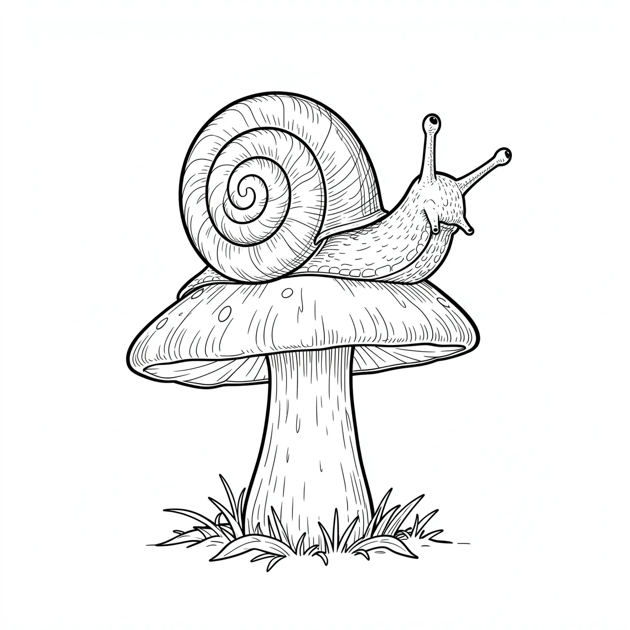 Fine black line art of a spiral-shelled snail resting on top of a spotted mushroom, set against a plain white background