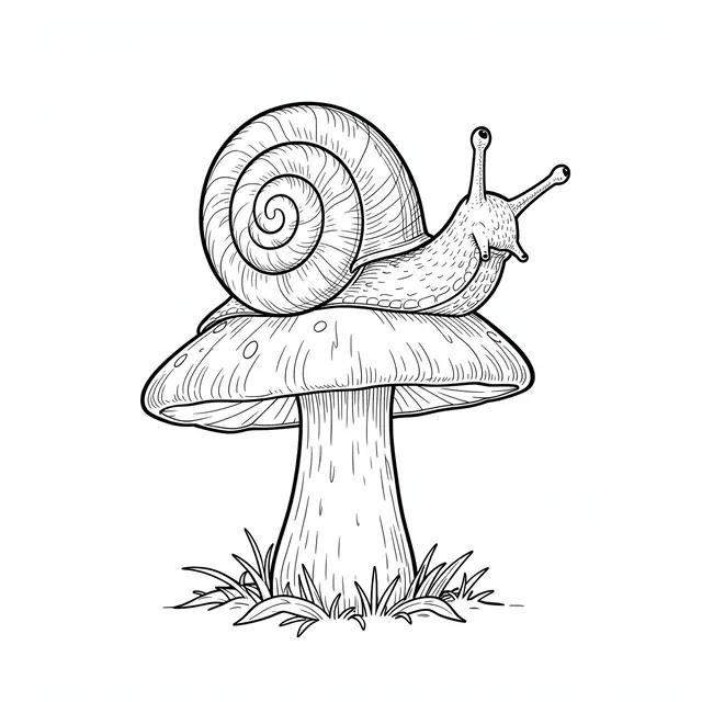 Fine black line art of a spiral-shelled snail resting on top of a spotted mushroom, set against a plain white background