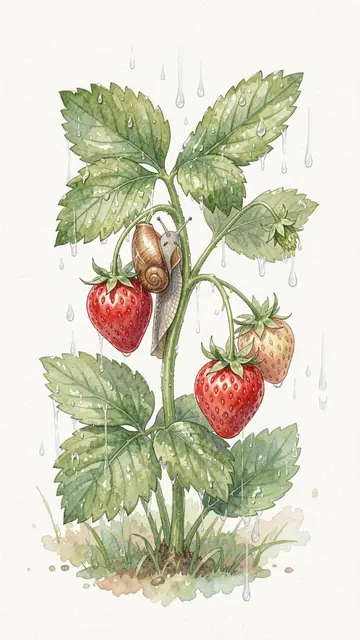 Watercolor illustration of a snail climbing a wet wild strawberry plant with rain droplets falling
