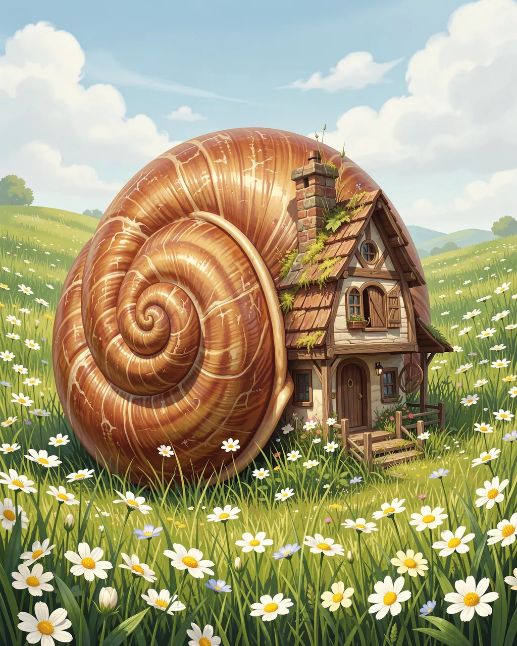 A quaint timber cottage built into a giant spiral snail shell sits in a sunny wildflower meadow with rolling green hills.