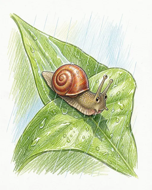 Colored pencil drawing of a cute garden snail sliding down rain-wet green leaves during rainfall