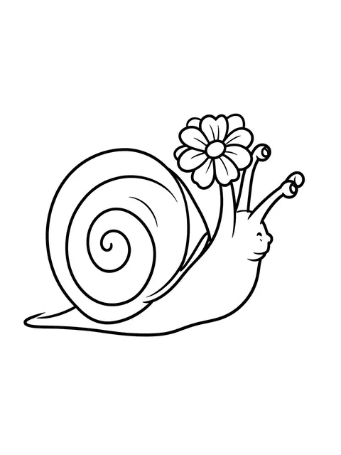 Bold black line art of a cartoon snail holding a simple daisy flower against a plain white background