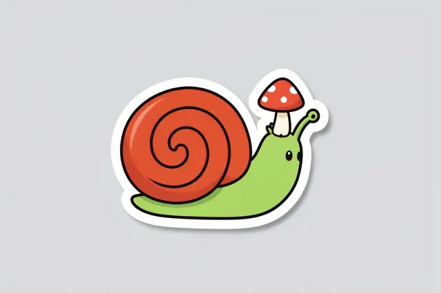 Cute die-cut sticker of a green snail with a red spiral shell and tiny toadstool on a light gray background