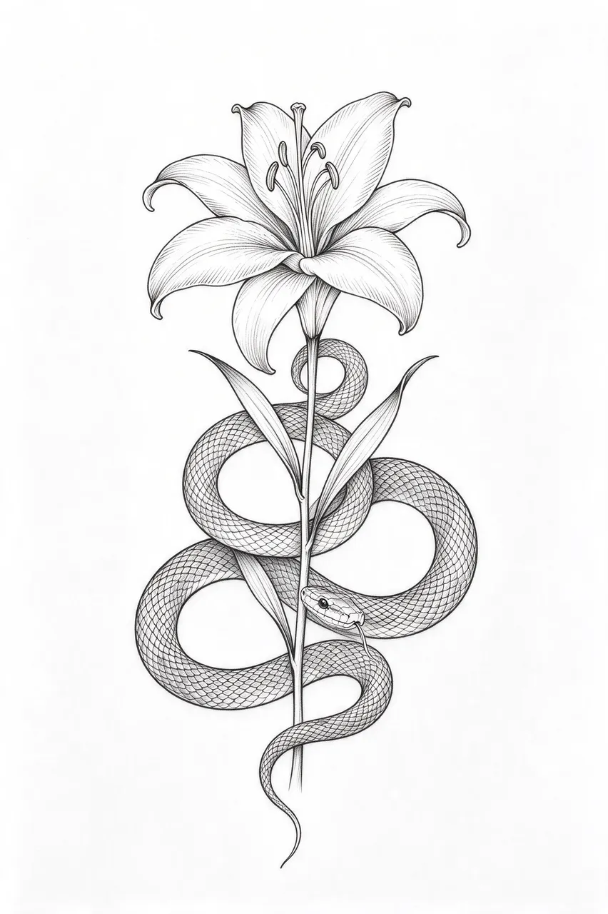 Black fine line drawing of a slender snake coiled around a lily stem below an open bloom on plain white paper