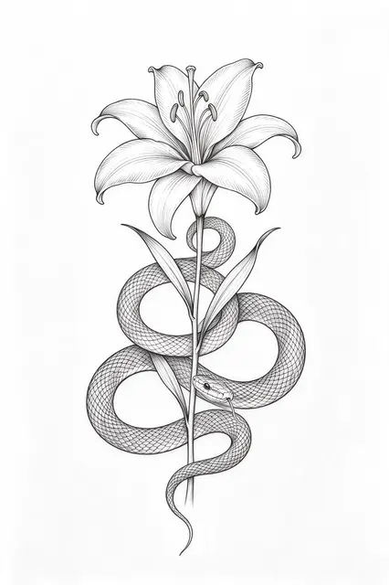 Black fine line drawing of a slender snake coiled around a lily stem below an open bloom on plain white paper