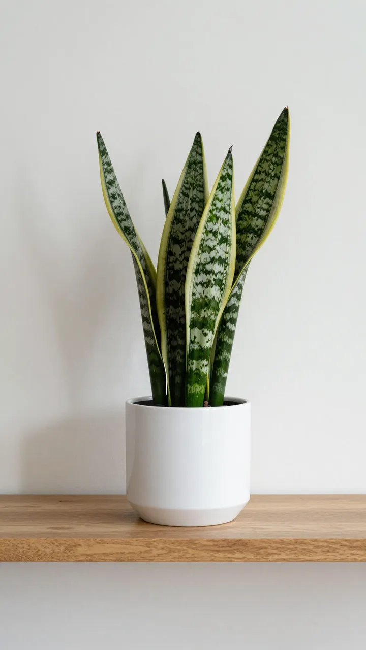 Variegated snake plant in a white ceramic pot sits on a wooden shelf against a plain warm light wall with empty upper space