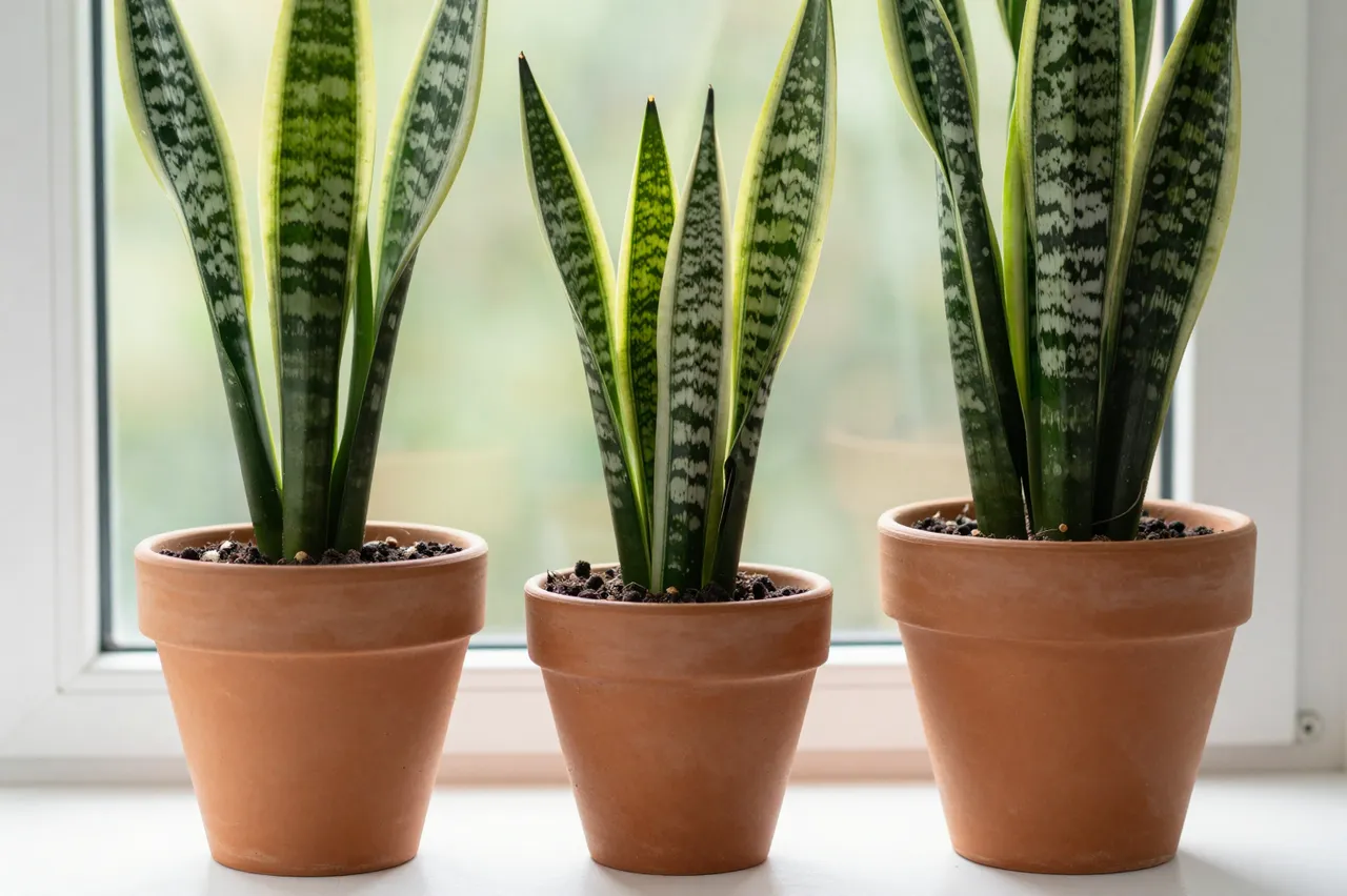 Three snake plants in varying height terracotta pots sit lined up on a bright windowsill