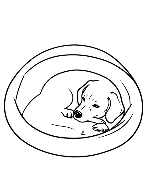Black and white line art of a relaxed dachshund resting inside a round dog bed