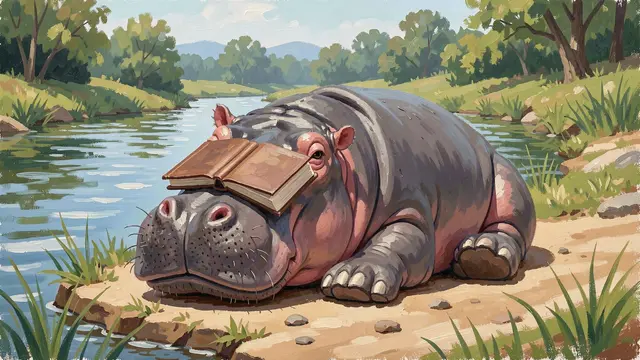 A gouache painted hippopotamus rests on a sunny riverbank with an open book over its face.