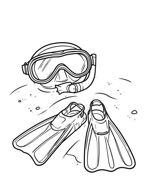 Bold black and white line art of a snorkel mask, snorkel, and pair of flippers resting on simple drawn sand.