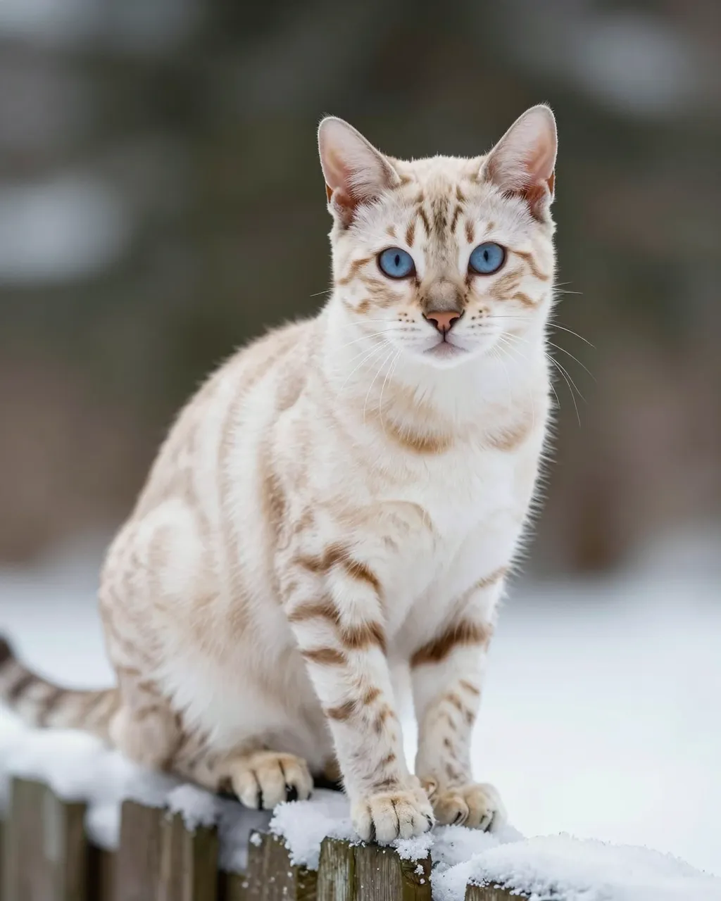 Pale spotted snow Bengal cat with bright blue eyes sits on a snow-covered wooden fence in winter