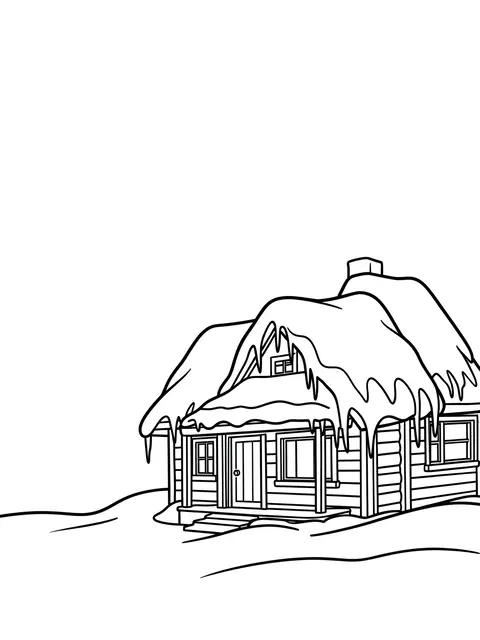 Bold black line art of a snow-covered log cabin with icicles against a plain white background