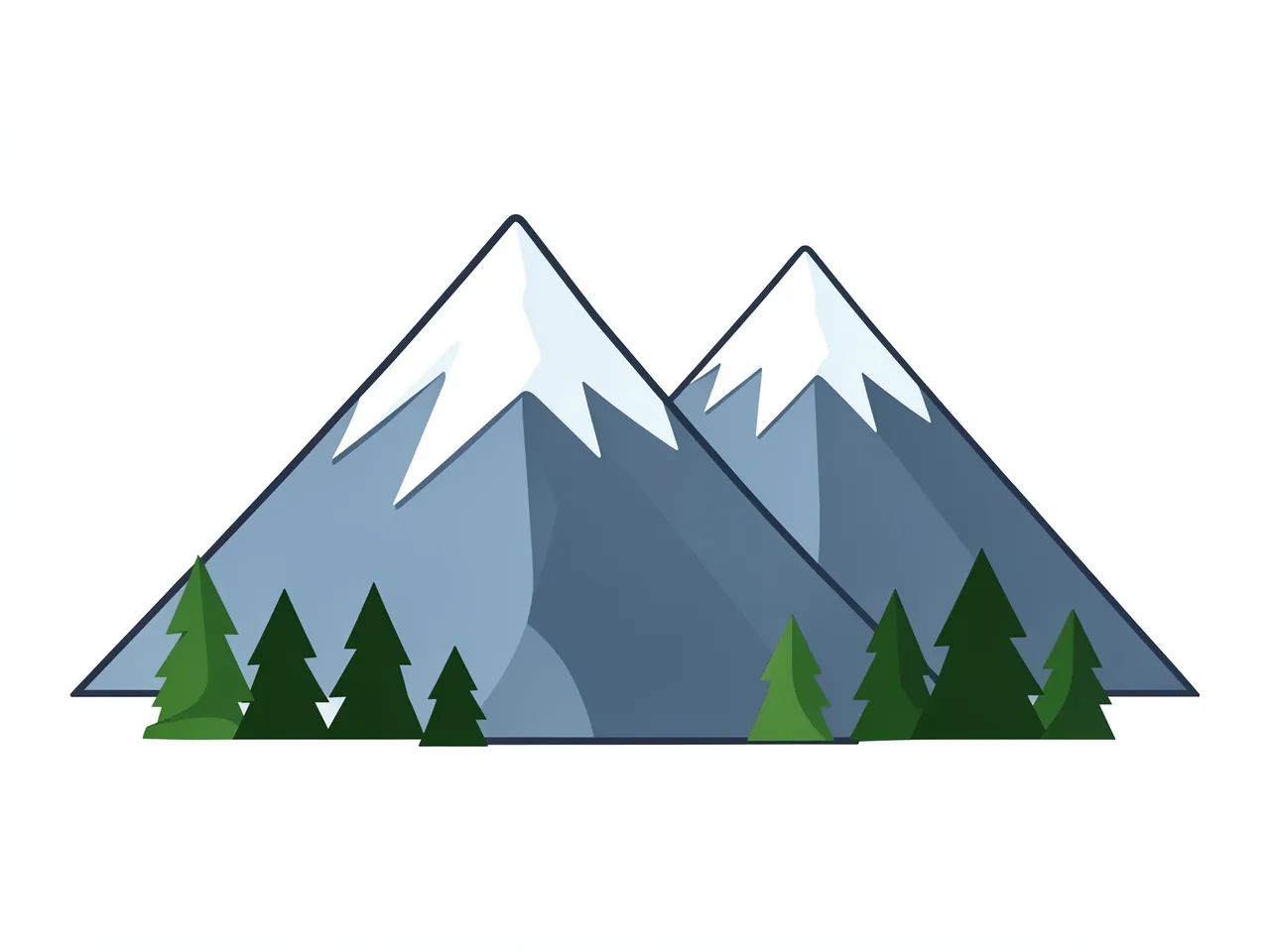 Flat clipart of two blue-gray snow-capped mountain peaks with small pine trees at their base on a plain white background