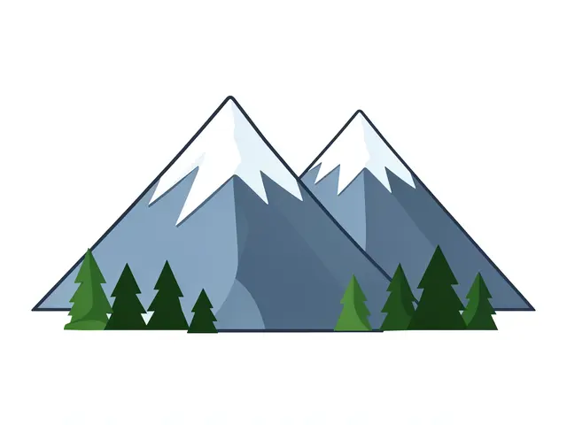 Flat clipart of two blue-gray snow-capped mountain peaks with small pine trees at their base on a plain white background