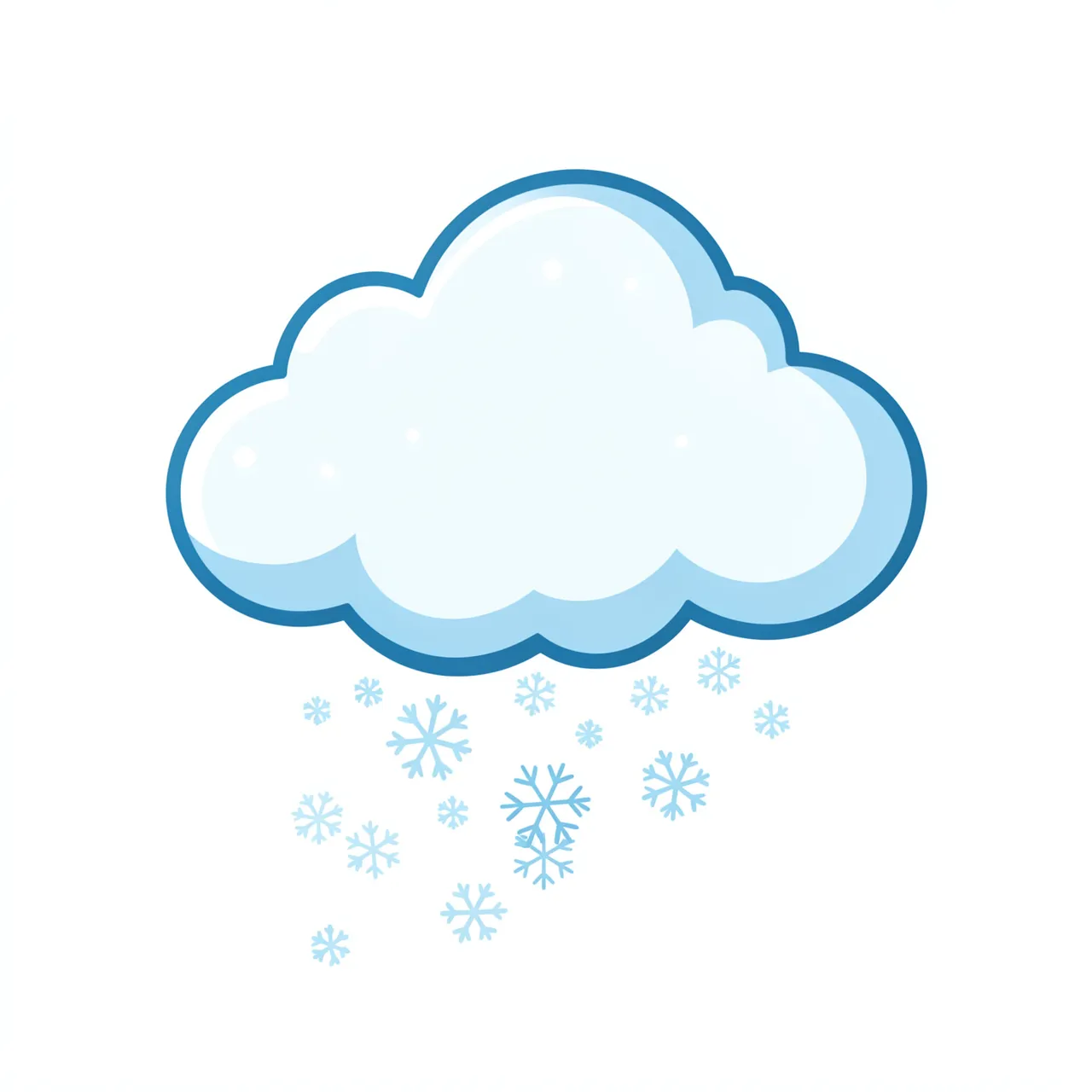 Flat clipart illustration of a puffy outlined cloud dropping small blue snowflakes on a plain white background
