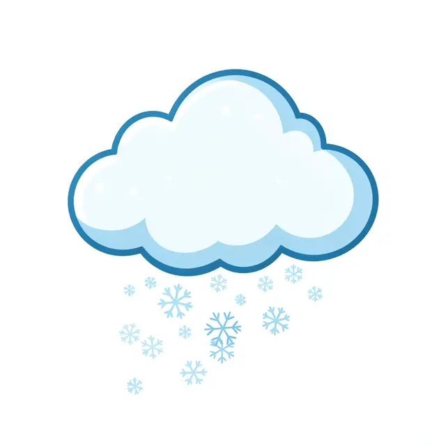 Flat clipart illustration of a puffy outlined cloud dropping small blue snowflakes on a plain white background