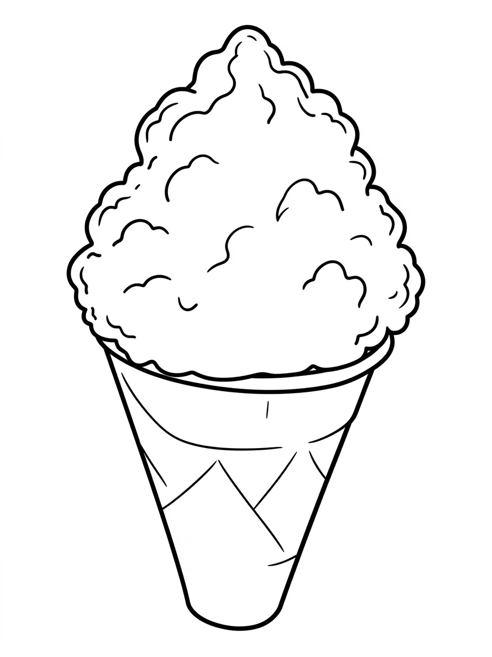Simple bold black line art of a heaped snow cone in a waffle cup on a plain white background