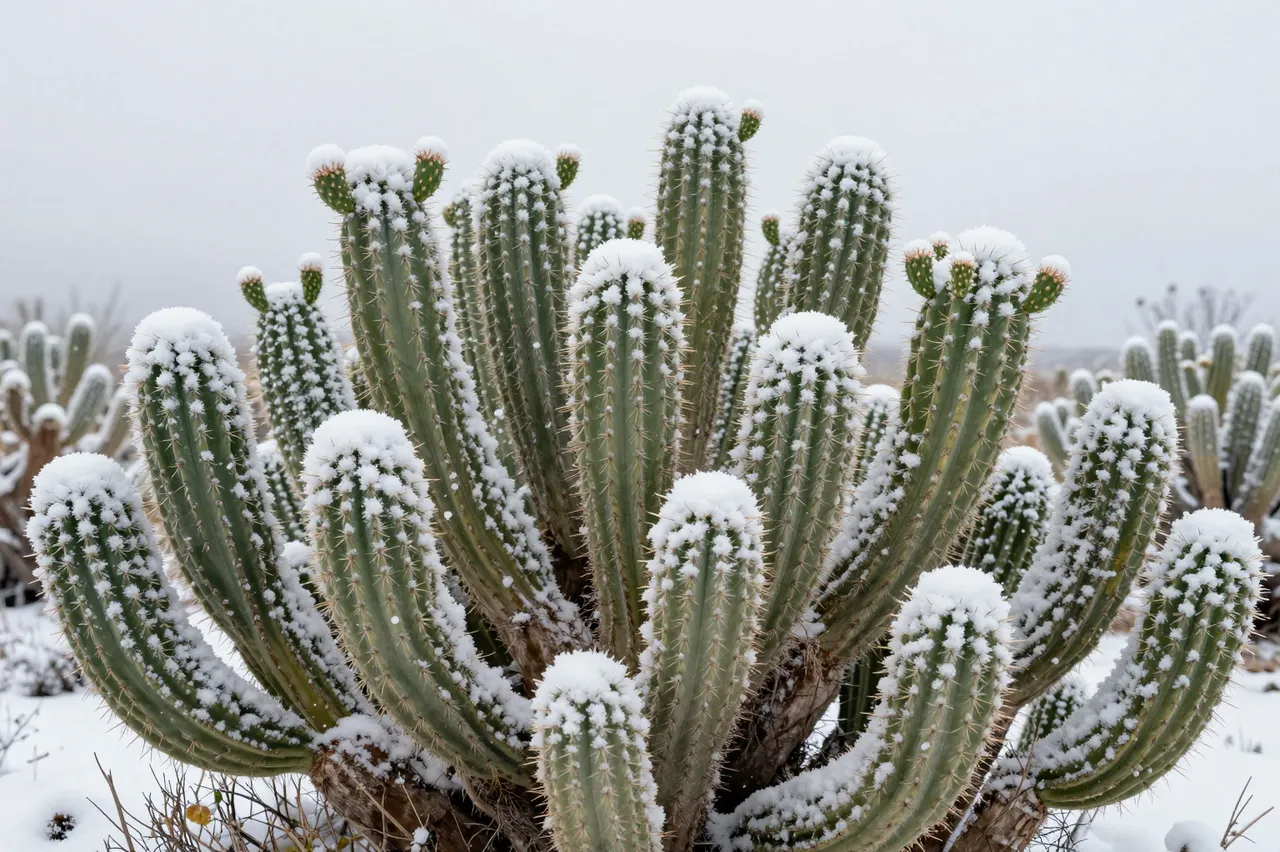 Clustered columnar cacti dusted with fresh snow stand in a snow covered high desert under overcast skies