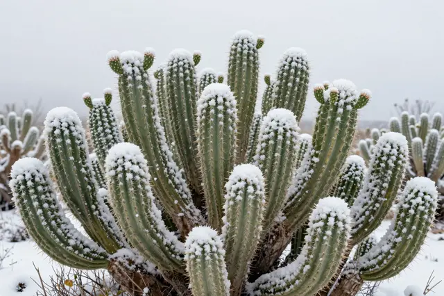 Clustered columnar cacti dusted with fresh snow stand in a snow covered high desert under overcast skies