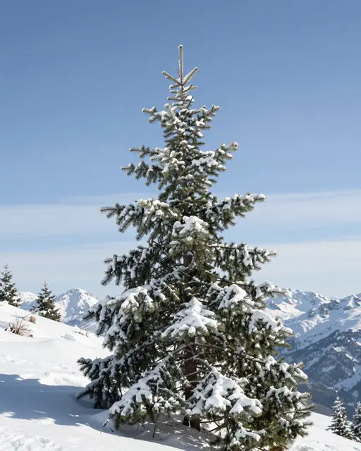 A snow-laden fir tree stands on a sunlit mountainside beneath a clear blue sky with distant snow peaks.