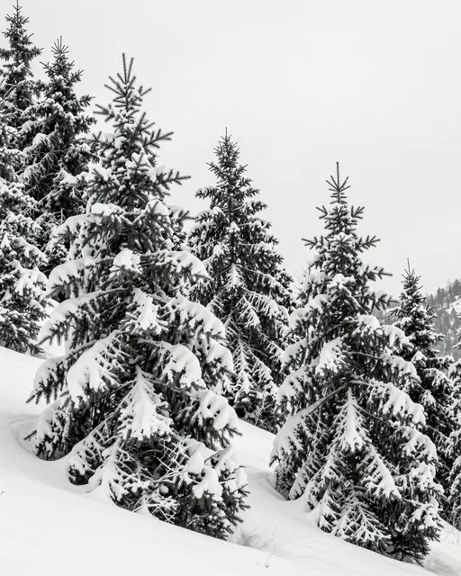 Black and white view of snow-laden fir trees standing on a snow covered mountain slope under an overcast sky