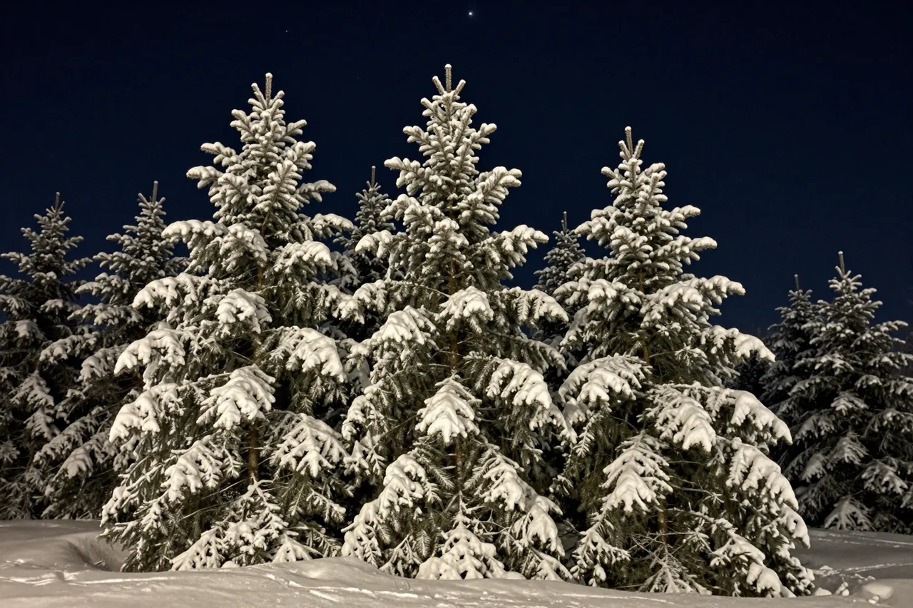 Heavy snow coats evergreen fir trees under a dark starry night sky above a snowy landscape