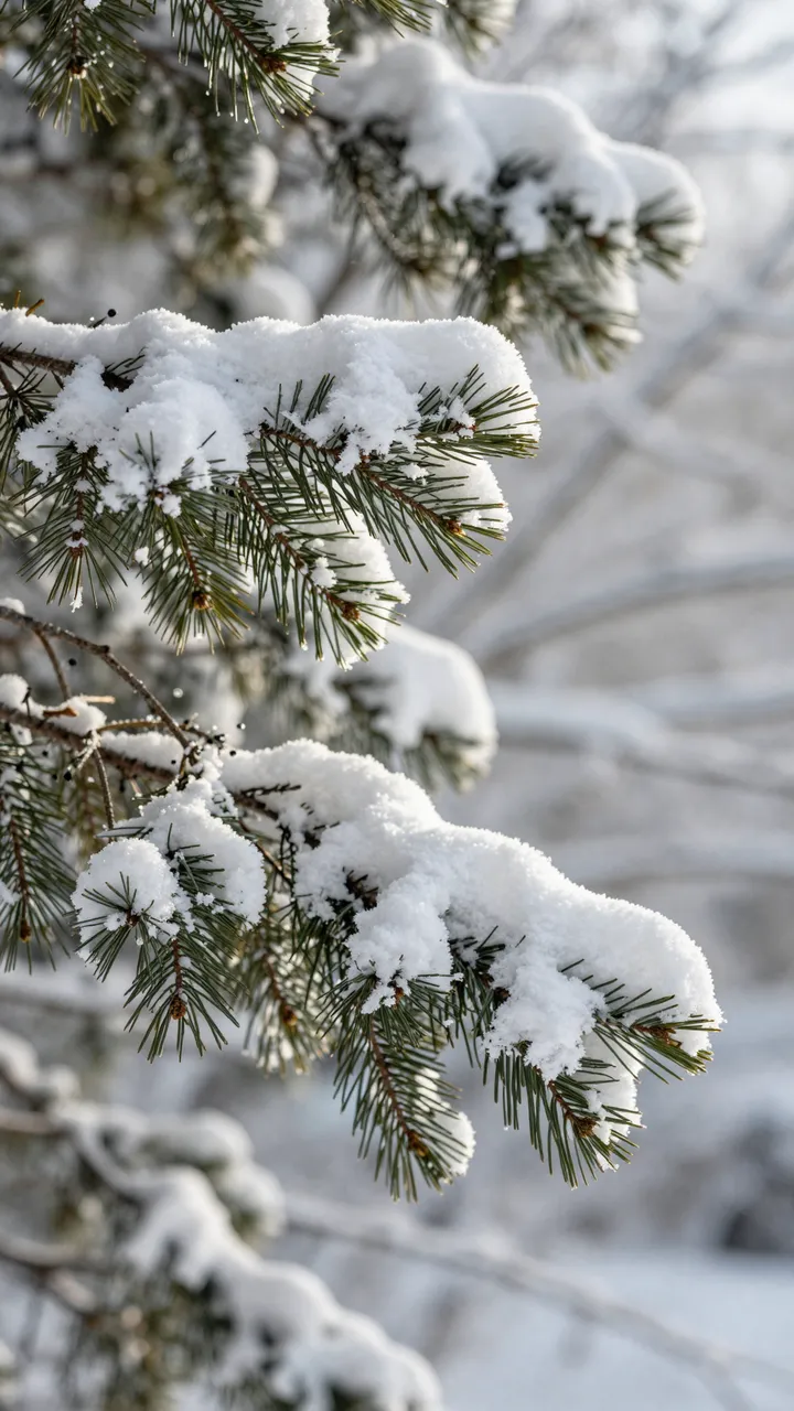 Fresh thick snow rests on evergreen pine branches in soft diffused winter light.