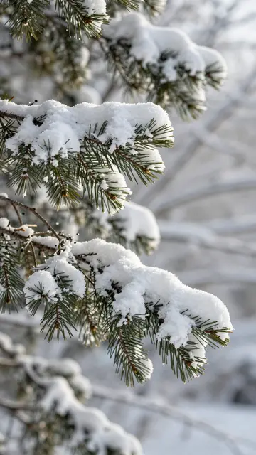 Fresh thick snow rests on evergreen pine branches in soft diffused winter light.