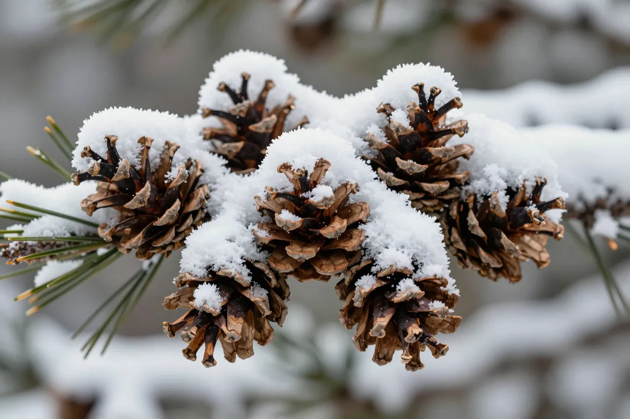 A close-up of frosty snow-dusted pine cones clustered on a pine branch with soft blurred winter background.