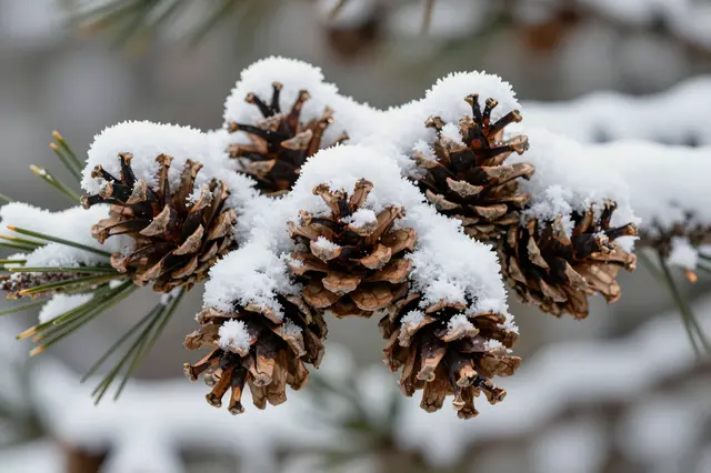 A close-up of frosty snow-dusted pine cones clustered on a pine branch with soft blurred winter background.